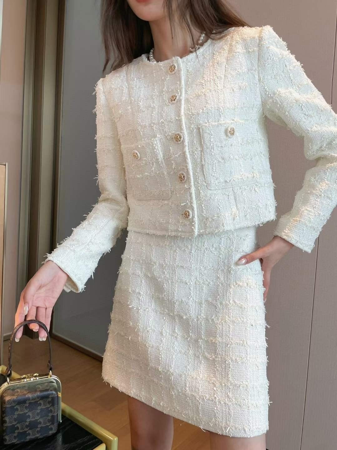 Premium Chic Elegance White Tweed Set (Jacket & Skirt set) - KPOSH