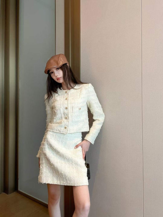 Premium Chic Elegance White Tweed Set (Jacket & Skirt set) - KPOSH