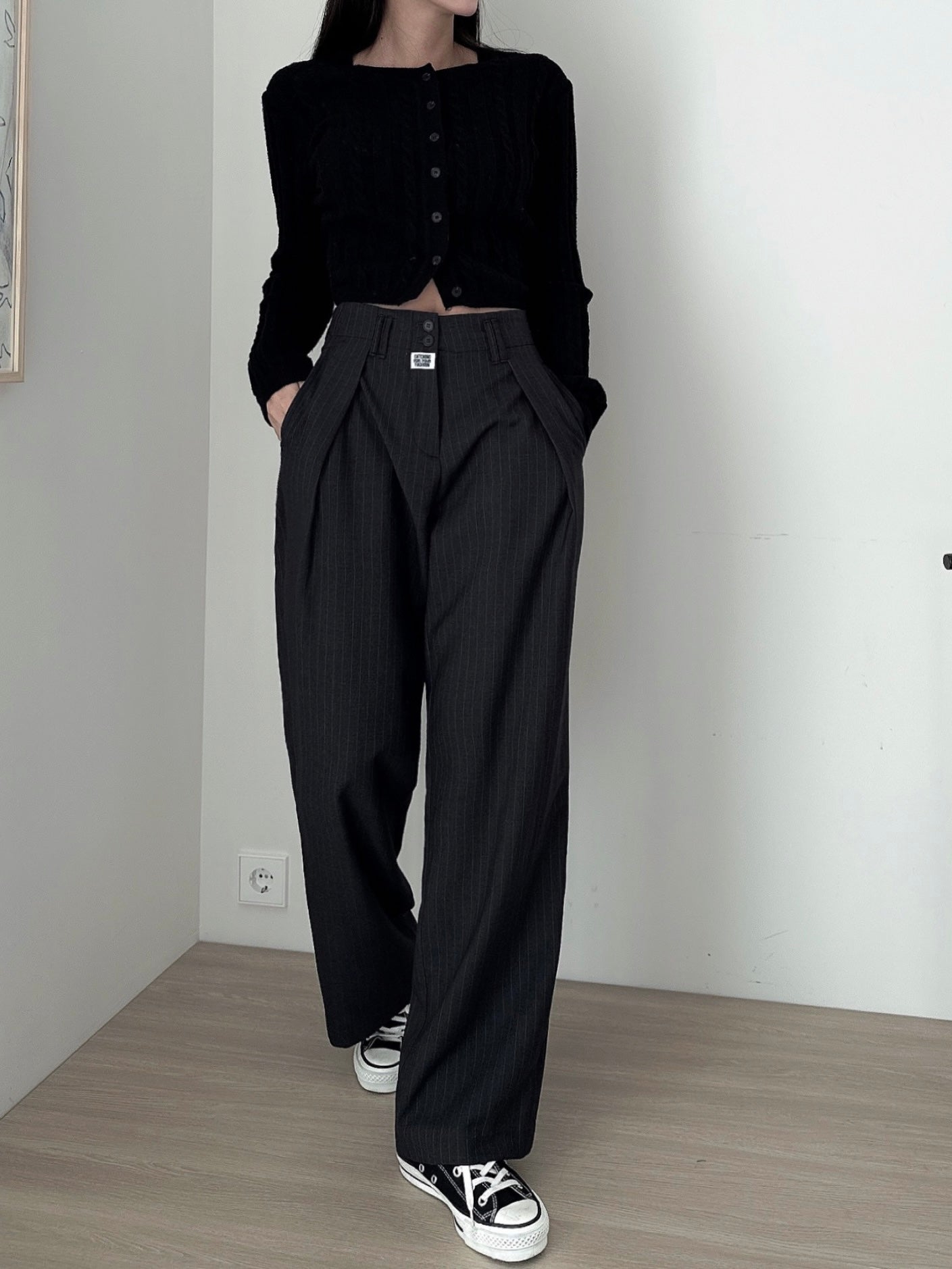 High Waist Straight Fit Wide Pants with Two-Button Label - KPOSH