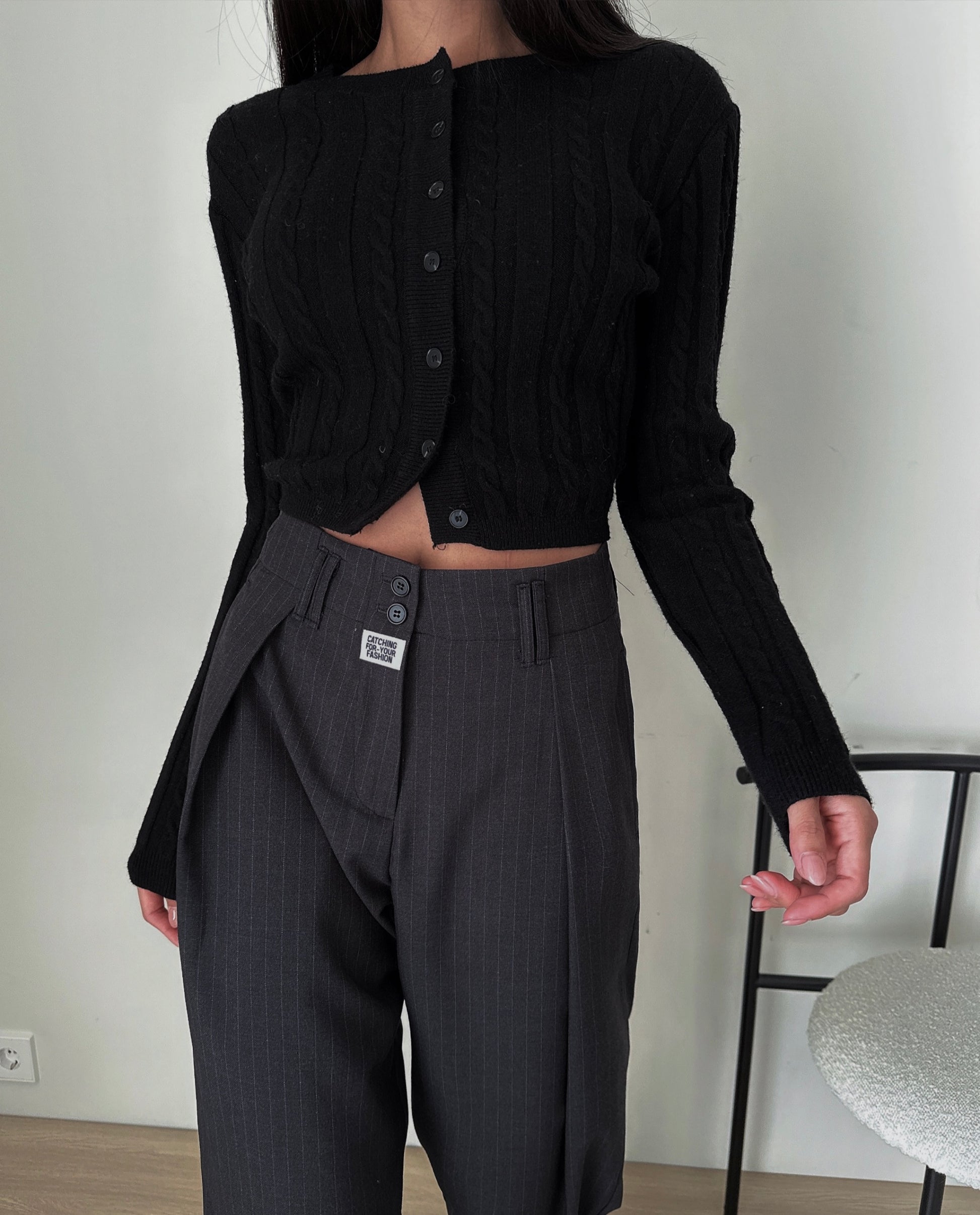 High Waist Straight Fit Wide Pants with Two-Button Label - KPOSH