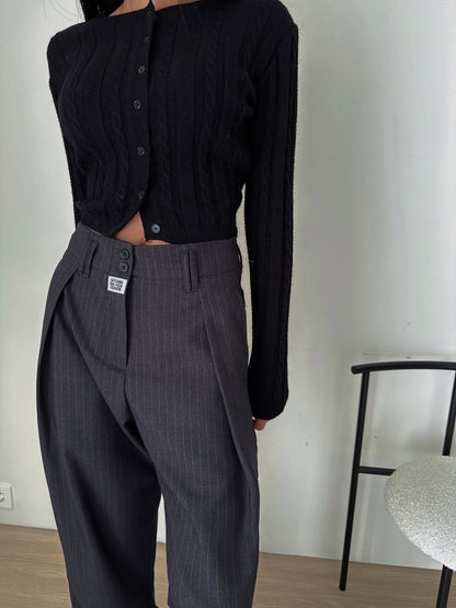 High Waist Straight Fit Wide Pants with Two-Button Label - KPOSH